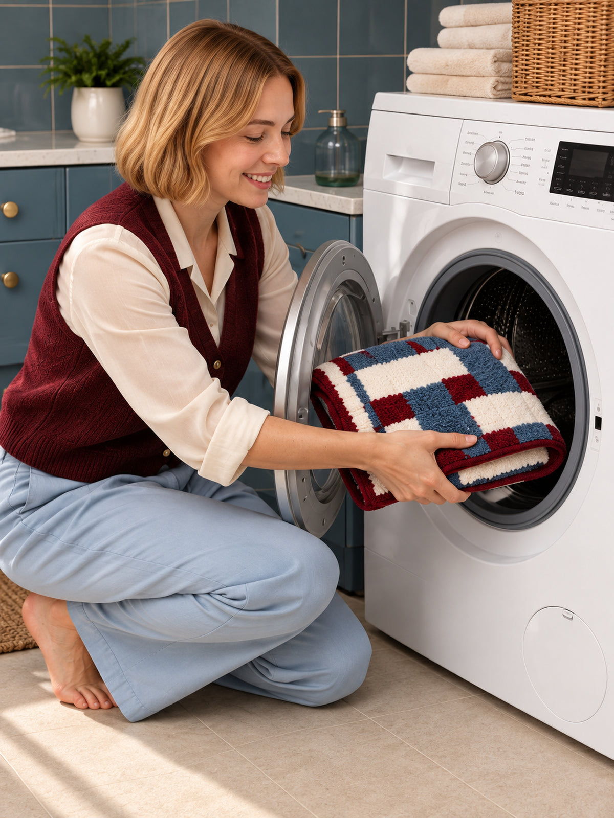 Burgundy & Blue Basketweave Pattern Bath Mat — machine wash