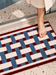 Burgundy & Blue Basketweave Pattern Bath Mat — bathroom context detail
