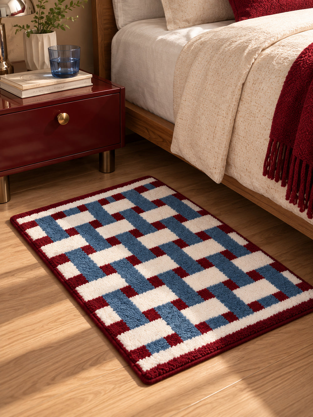 Burgundy & Blue Basketweave Pattern Bath Mat — bedside context detail