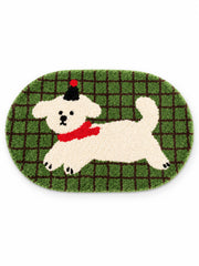 Green Plaid Puppy Oval Bath Mat on a white background