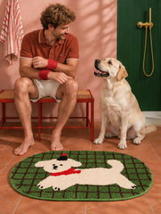 Green Plaid Puppy Oval Bath Mat — bathroom scene