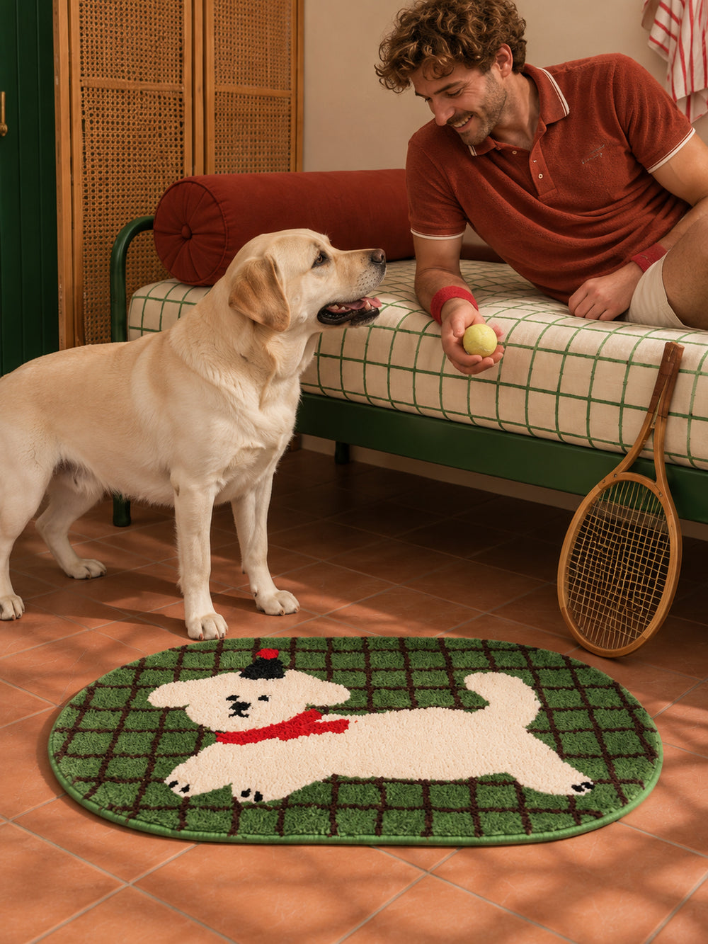 Green Plaid Puppy Oval Bath Mat — bedroom scene