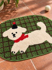 Green Plaid Puppy Oval Bath Mat — surface detail