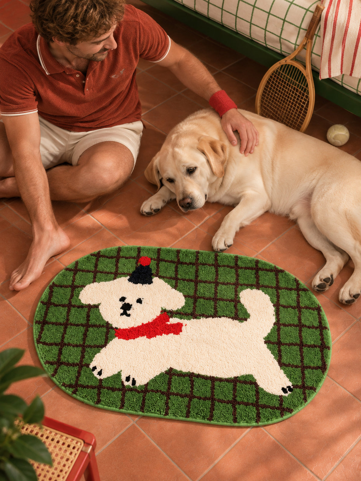 Green Plaid Puppy Oval Bath Mat — bedside context detail
