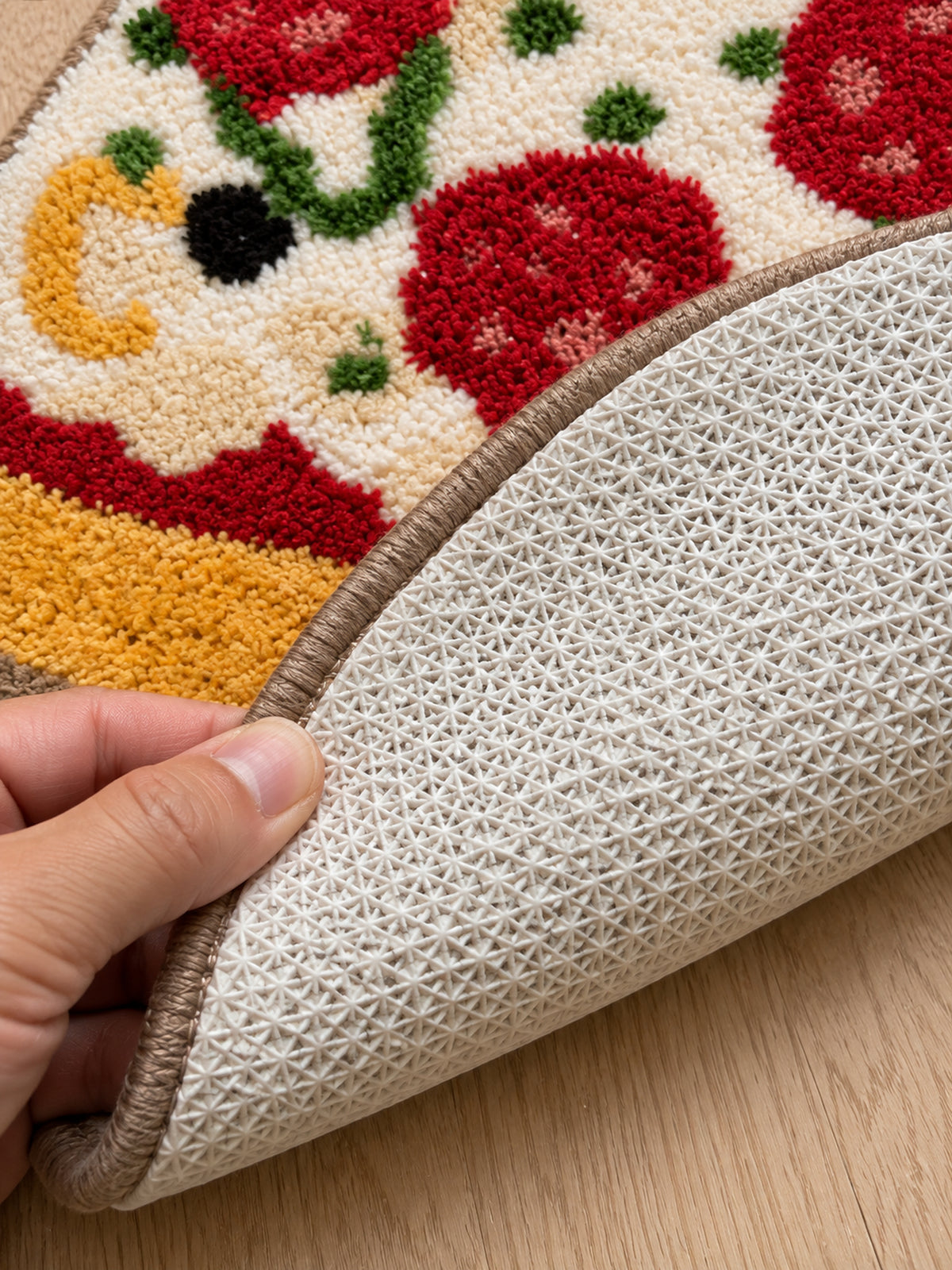 Pepperoni Pizza Slice Accent Rug — backing detail
