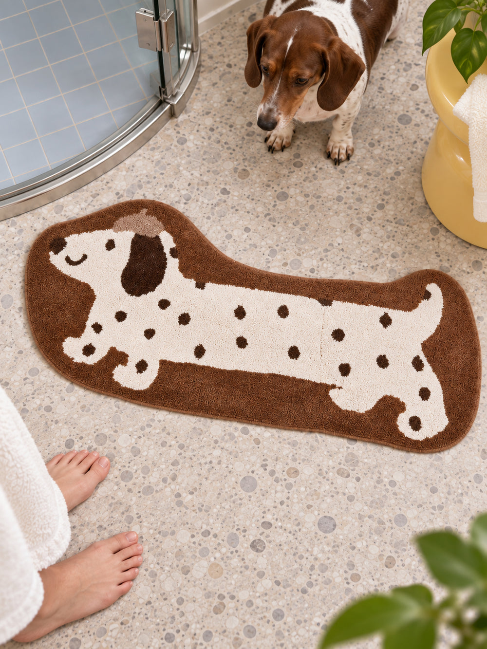 Long Dachshund Shaped Runner Rug - Spotted — bathroom context detail