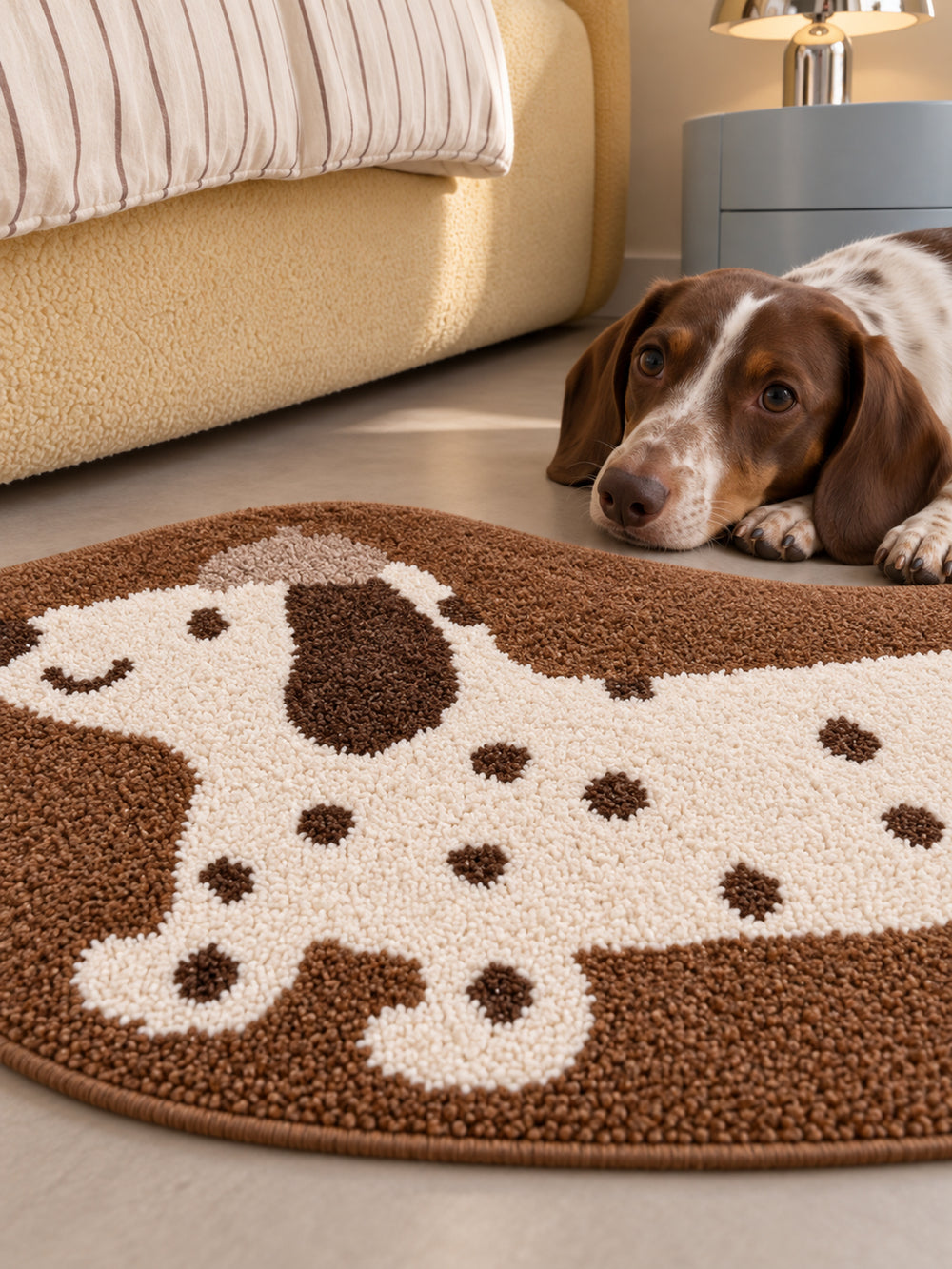 Long Dachshund Shaped Runner Rug - Spotted — bedside context detail
