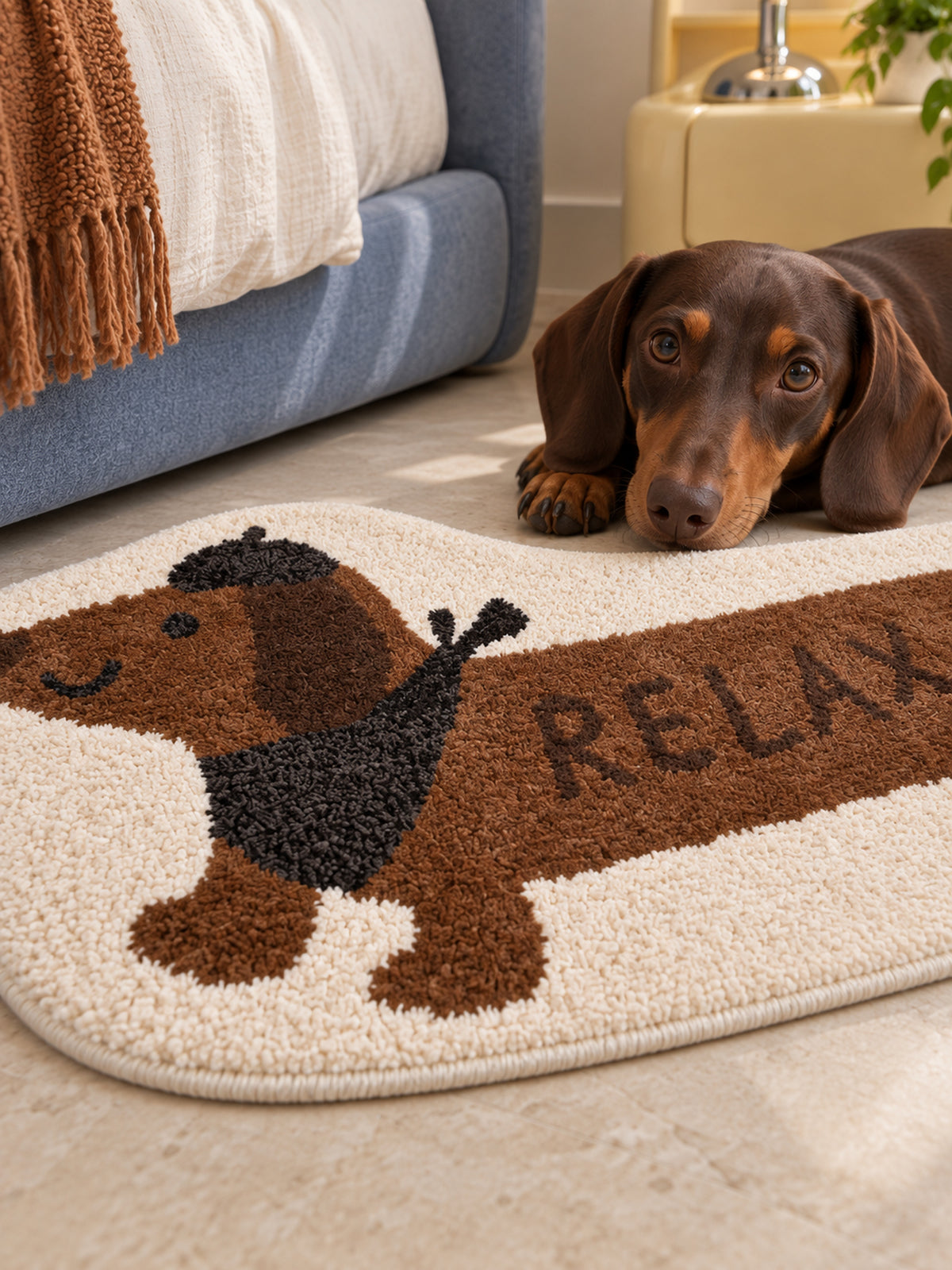 Long Dachshund Shaped Runner Rug - Spotted — bedside context detail