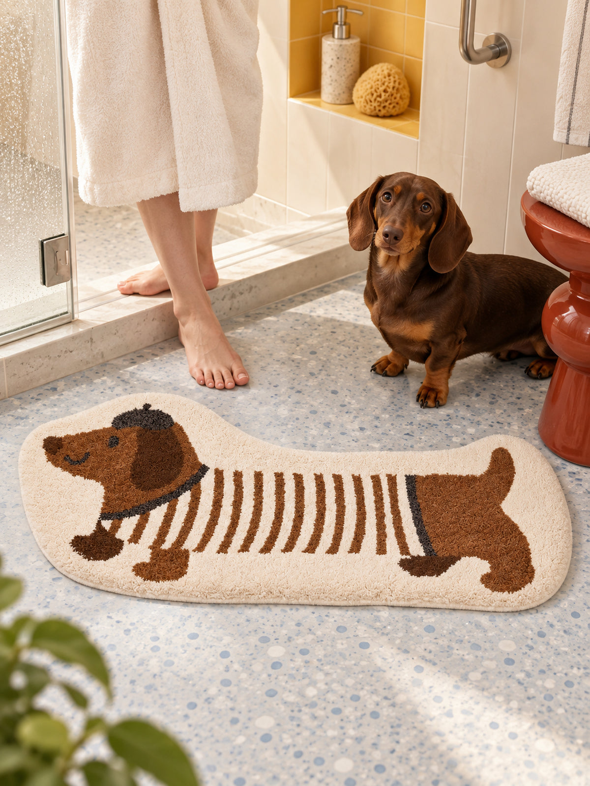 Long Dachshund Shaped Runner Rug - Spotted — bathroom scene