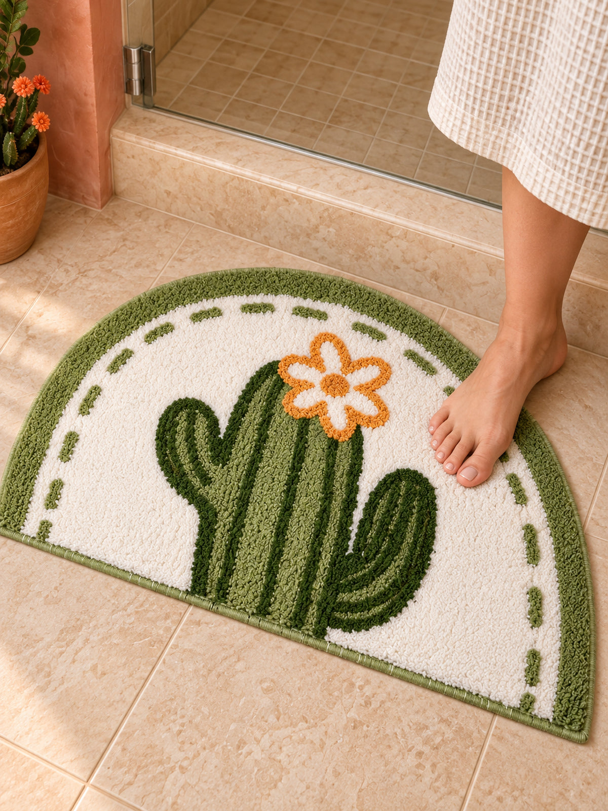 Blooming Cactus Arched Bath Mat — bathroom context detail