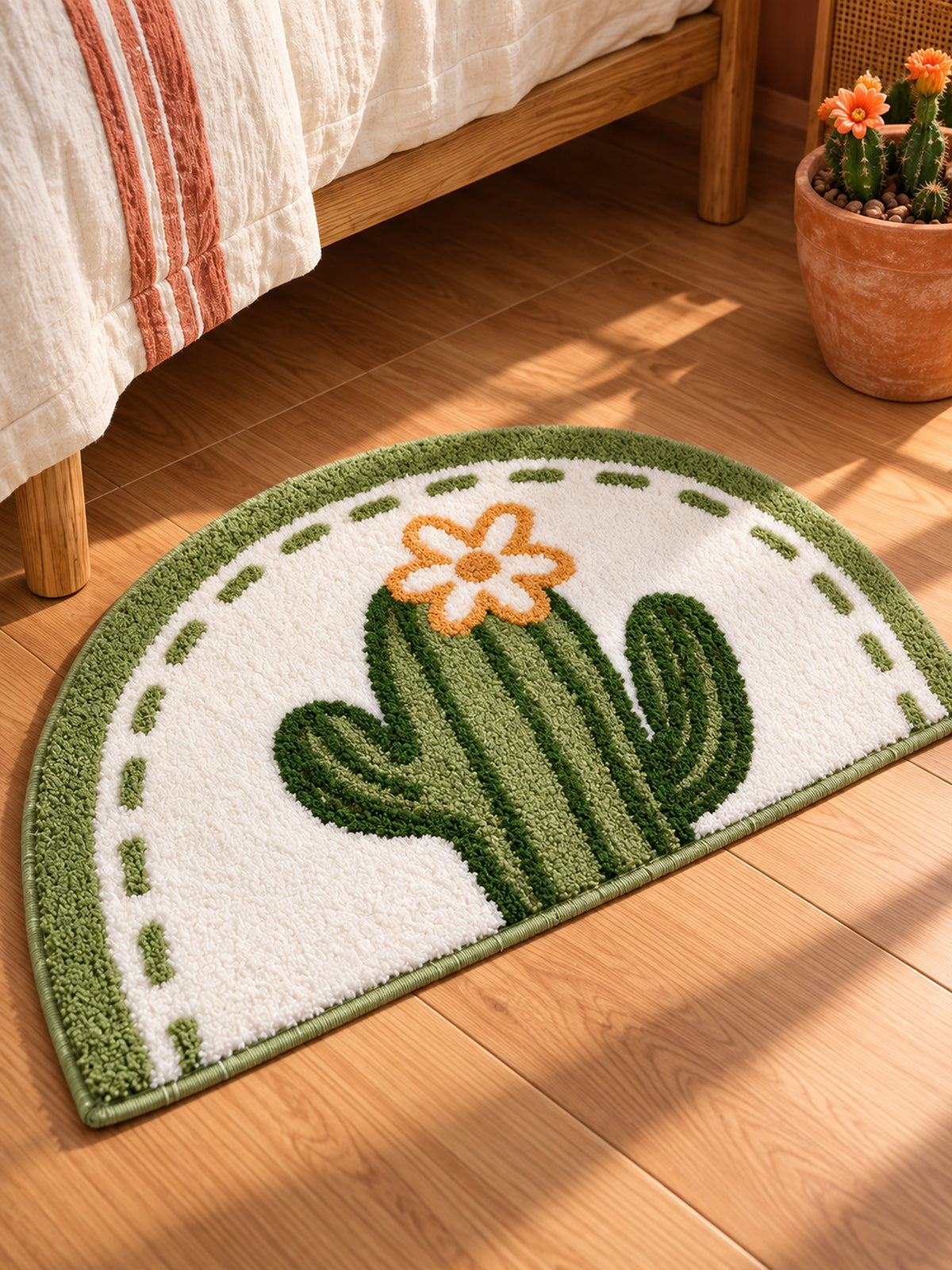 Blooming Cactus Arched Bath Mat — bedside context detail