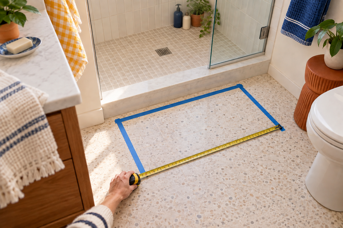 A measuring tape and blue painter's tape marking bath mat placement on a bright bathroom floor