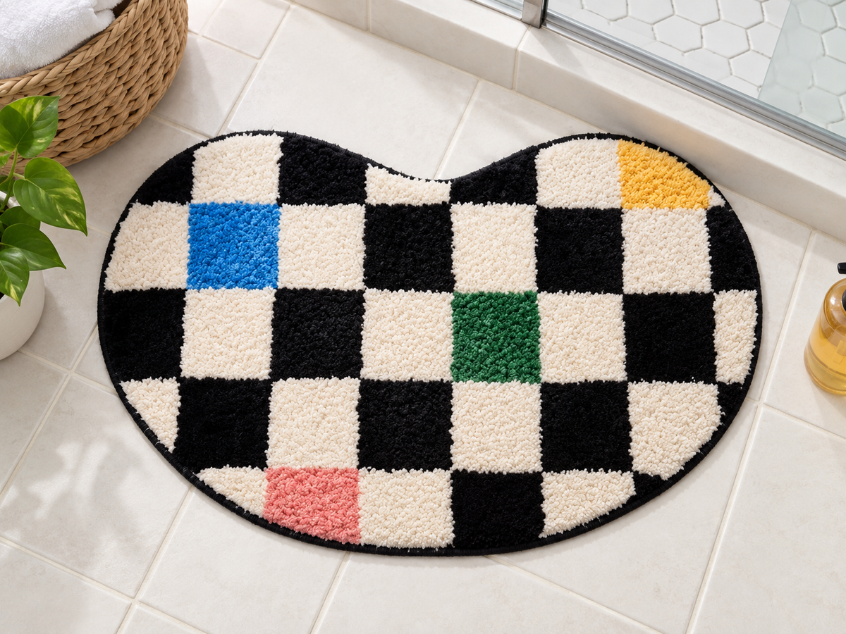 LivingFun’s black-and-ivory bean-shaped checkerboard bath mat with four colored squares beside a shower.