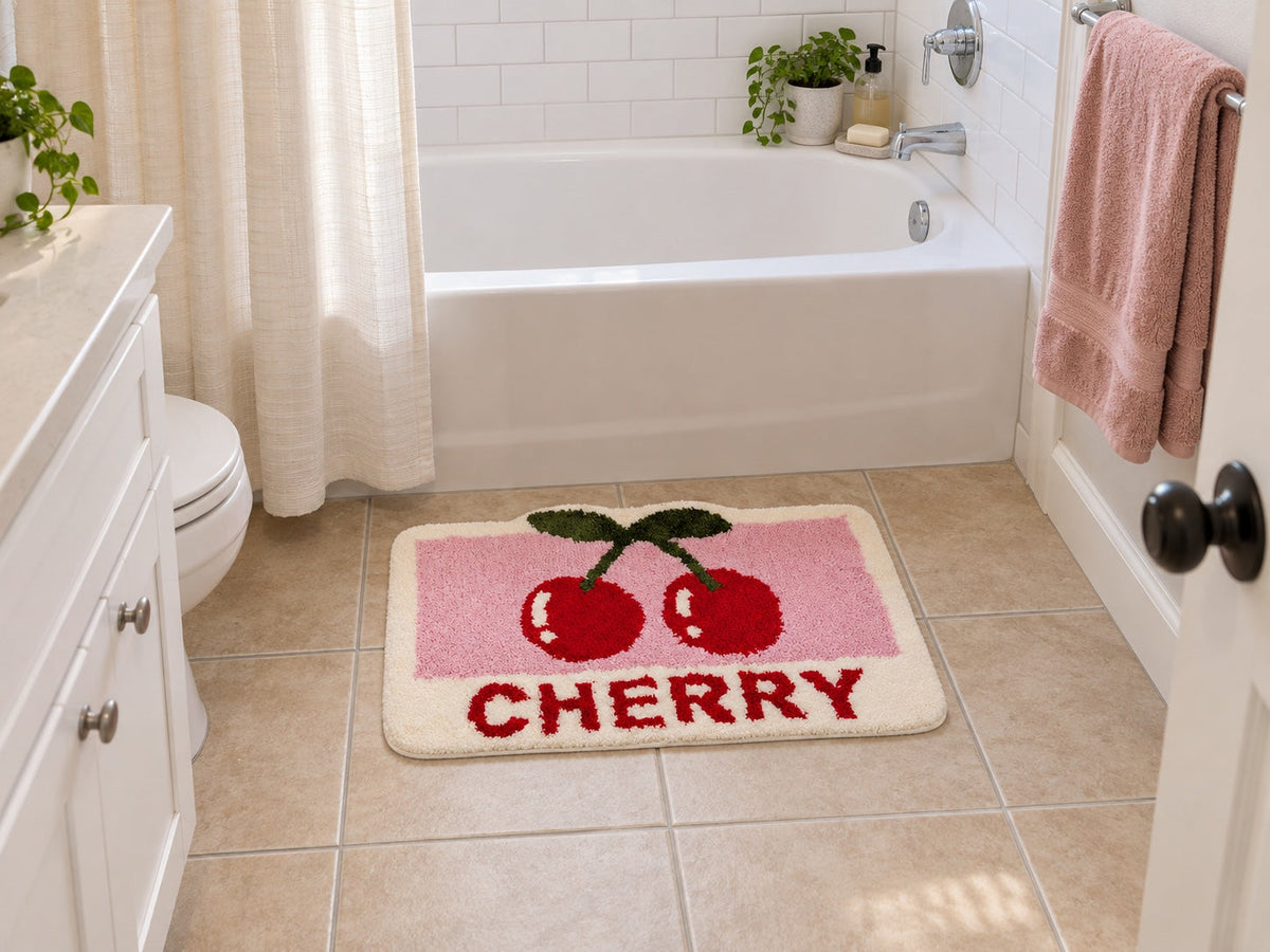 A pink LivingFun cherry bath mat beside a white tub, styled with a dusty-pink towel in an everyday guest bathroom.