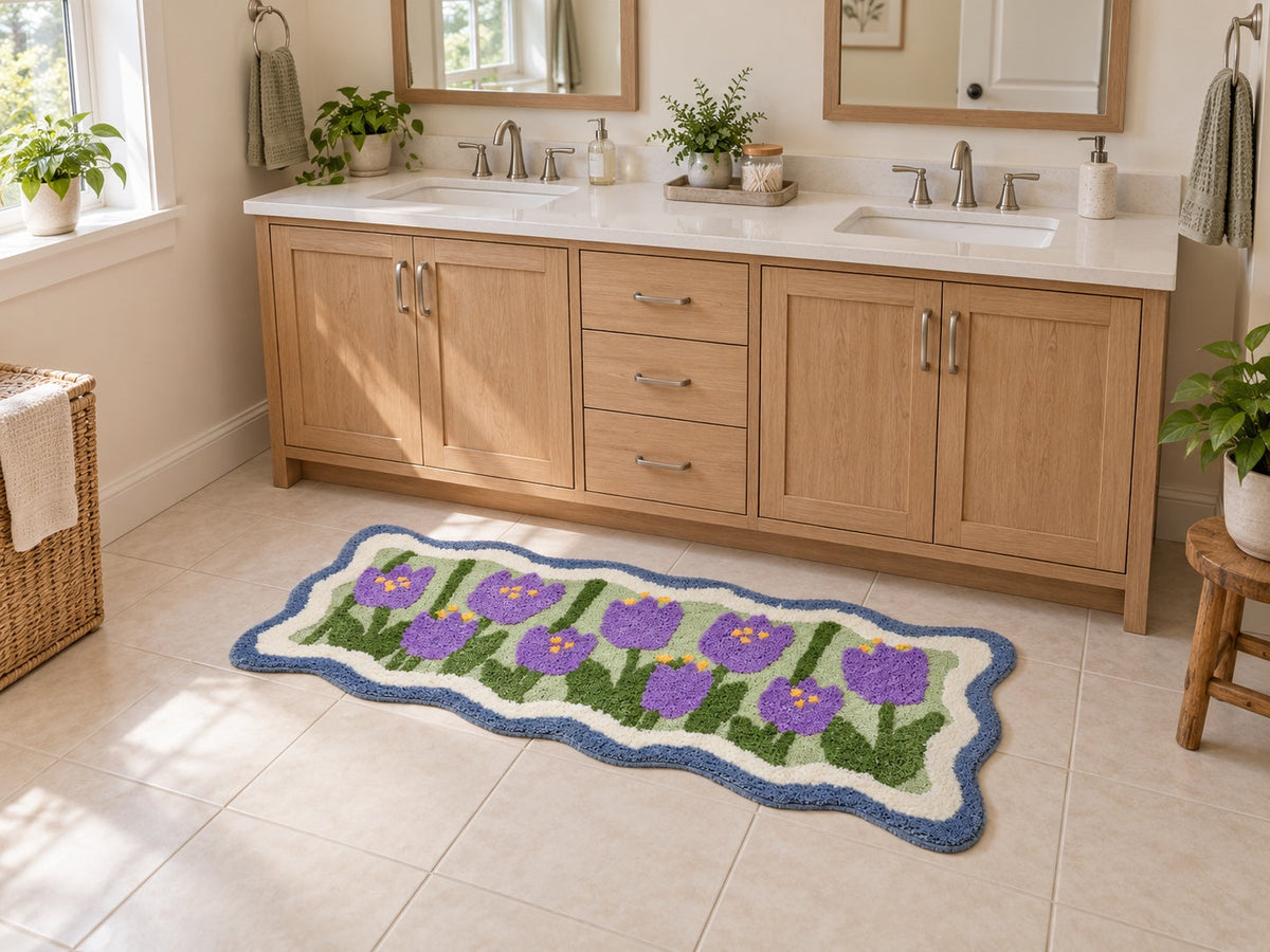AI styling scene of a 50 by 120 cm Violet Tulip runner in front of a double bathroom vanity