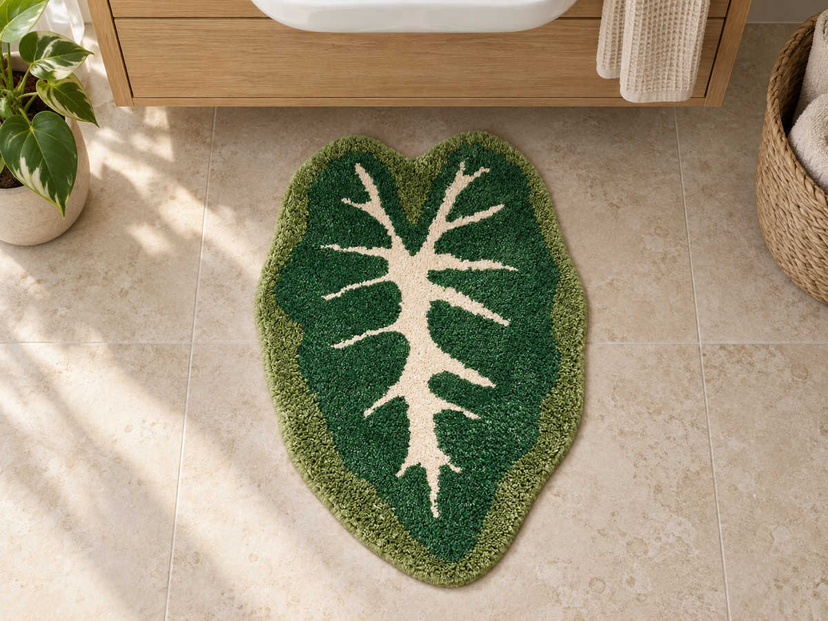 LivingFun’s green Alocasia Leaf Bath Mat on the floor in front of a bathroom vanity. AI-created product scene.