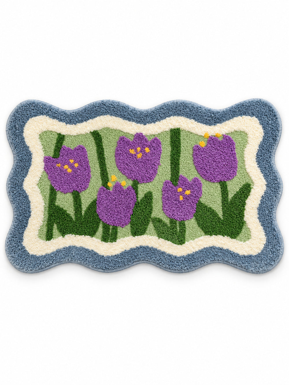 Violet tulip mat with a blue wavy border, 50 x 80 cm, on a white background.