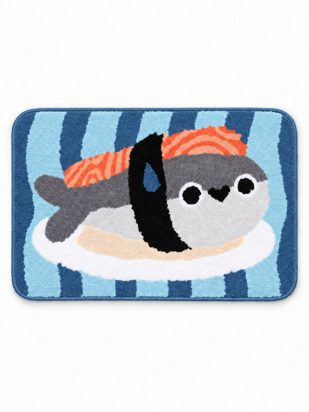 Sushi Fish Blue Stripe Bath Mat on a white background