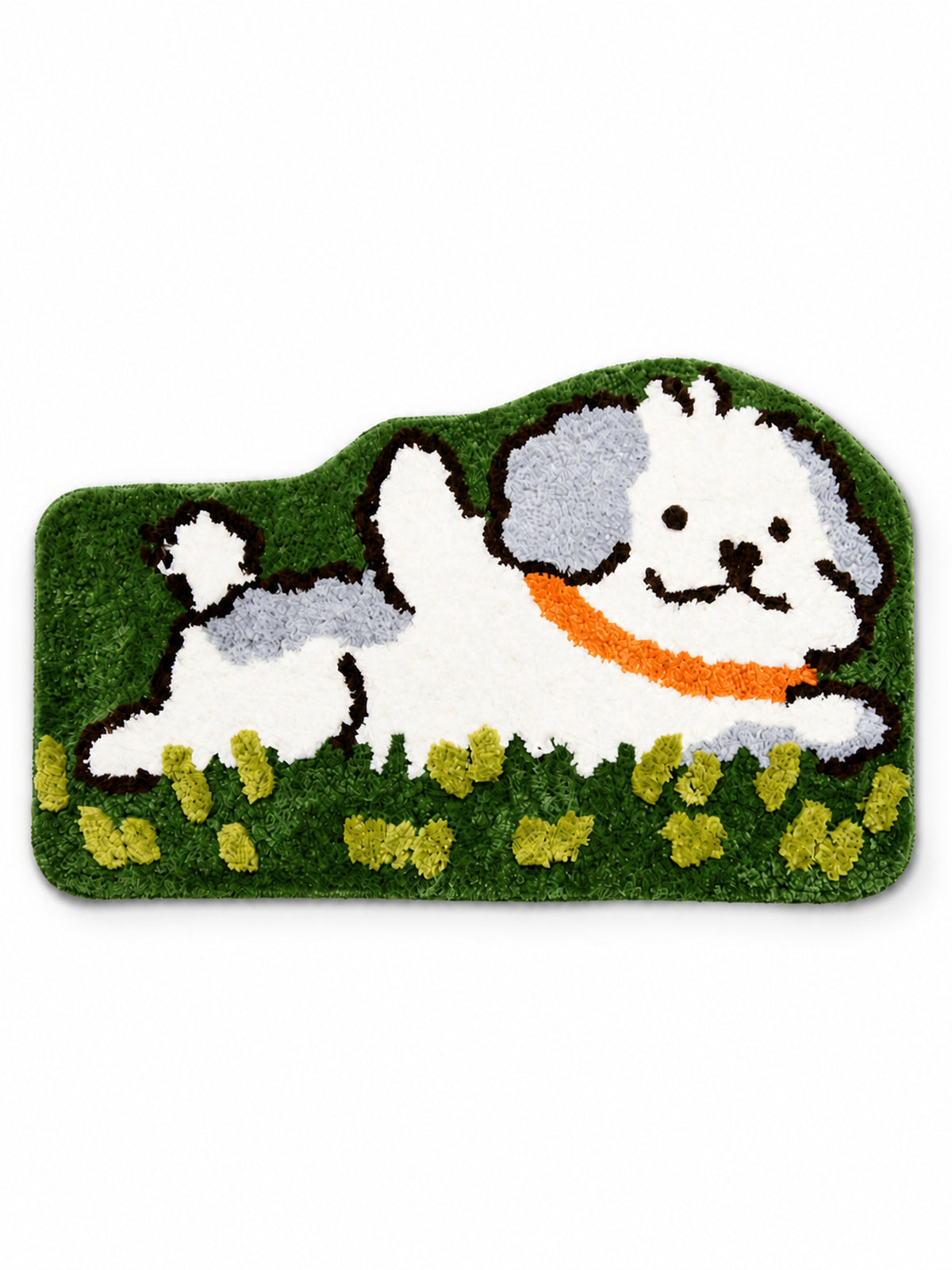 Clover Meadow Pup Shaped Bath Mat on a white background