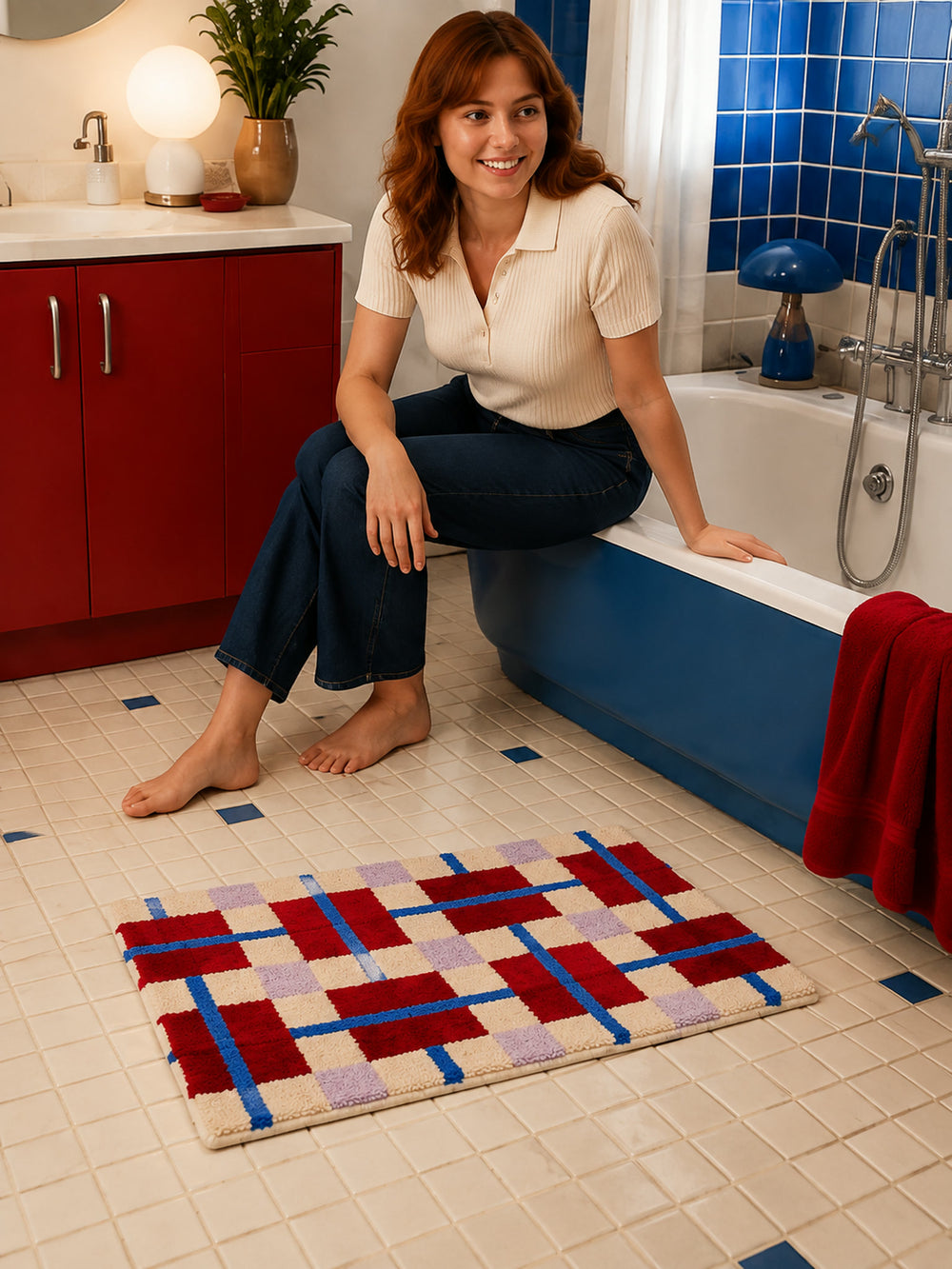 Crimson Grid Colorblock Bath Mat on a bathroom floor