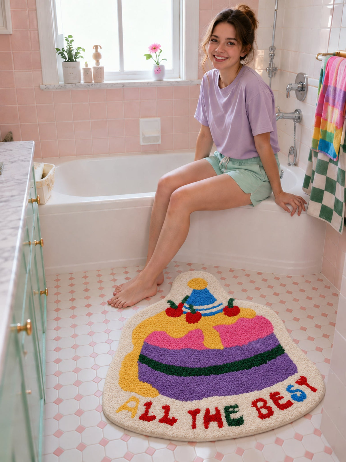Best Wishes Cake Shaped Bath Mat on a bathroom floor