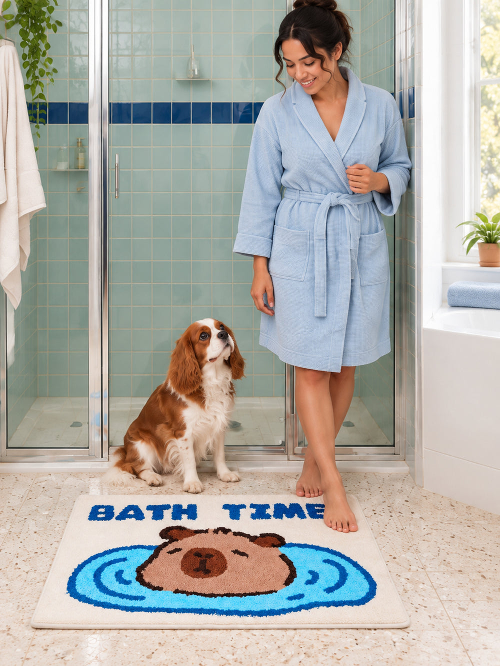 Capybara Bath Time Graphic Bath Mat on a bathroom floor