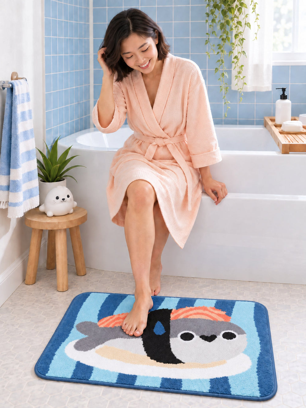 Sushi Fish Blue Stripe Bath Mat on a bathroom floor