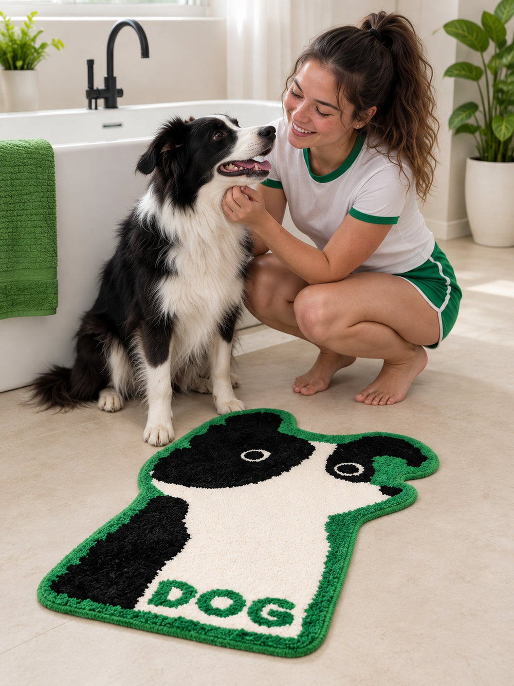 Black & White Puppy Shaped Bath Mat on a bathroom floor