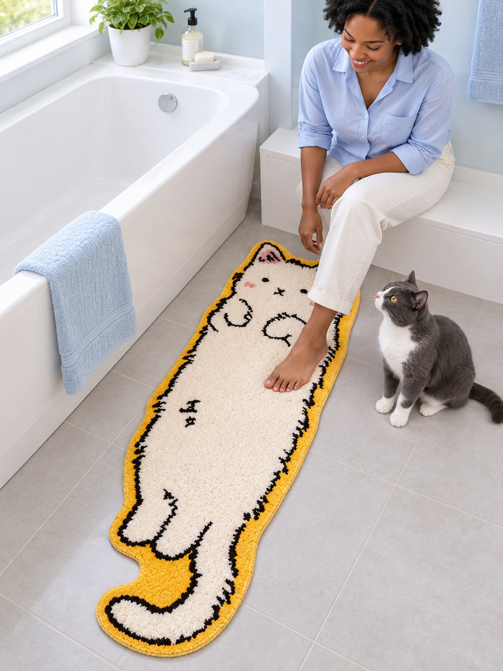 Long Cat Shaped Runner Rug - Ivory on a bathroom floor