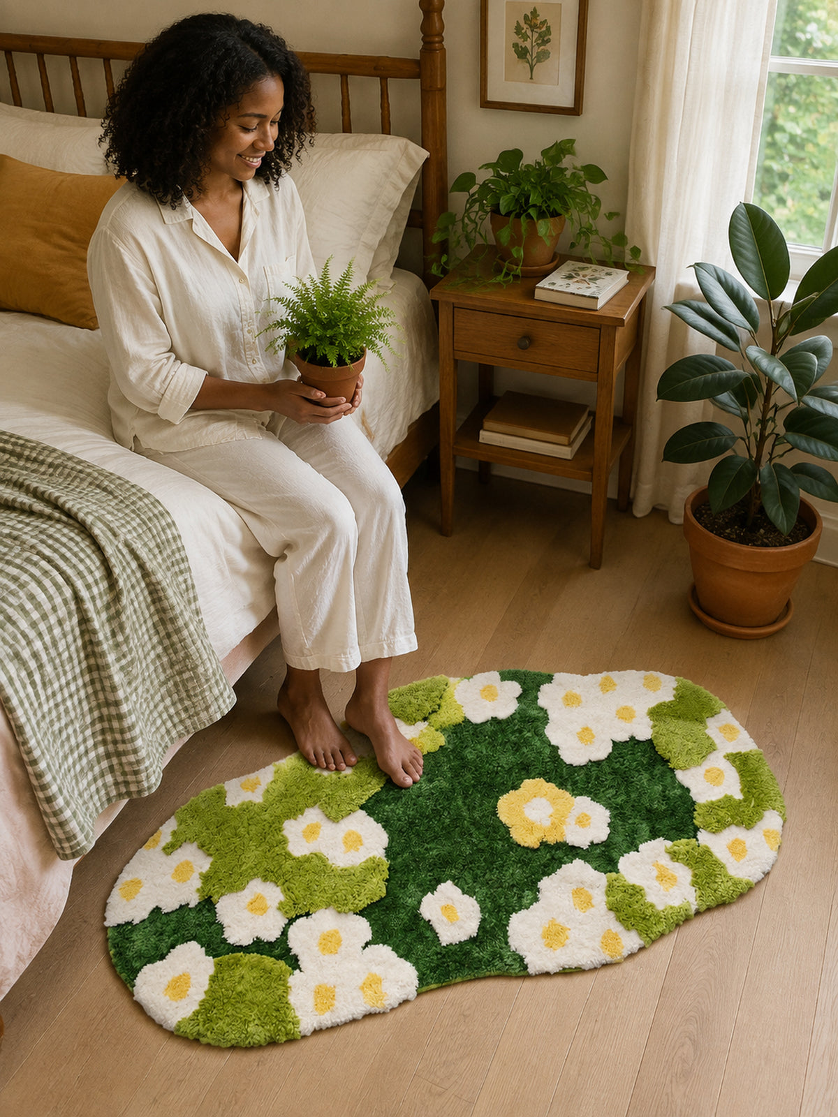 Daisy Meadow Floral Bath Mat & Runner Rug - Green beside a bed