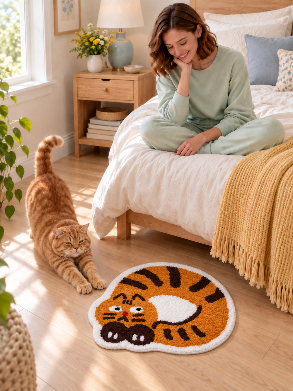 Curled Ginger Cat Shaped Bath Mat beside a bed