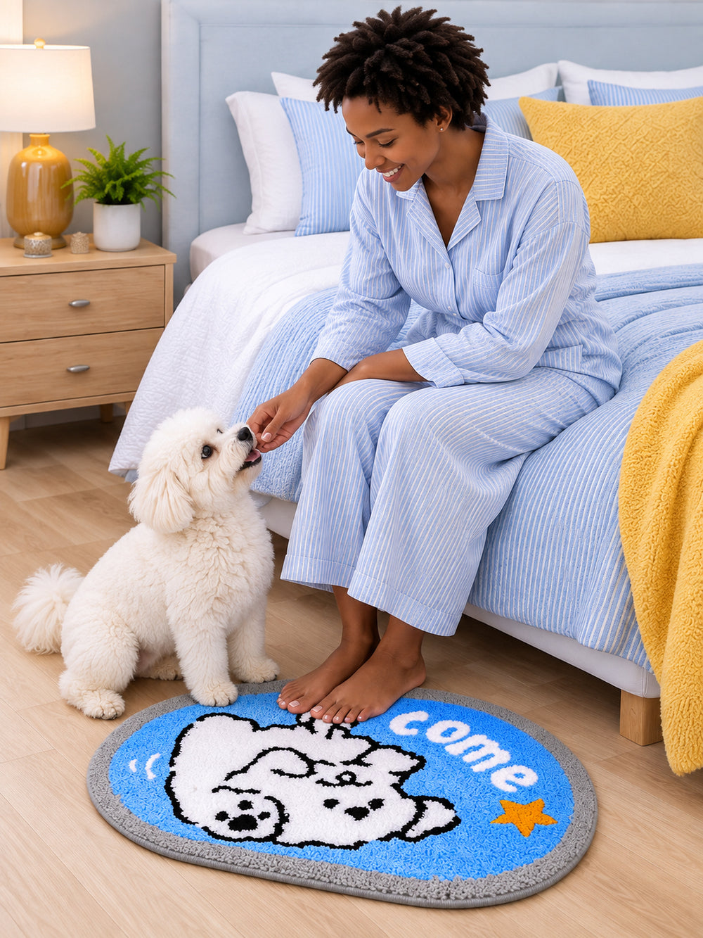 Come Along Puppy Oval Bath Mat beside a bed
