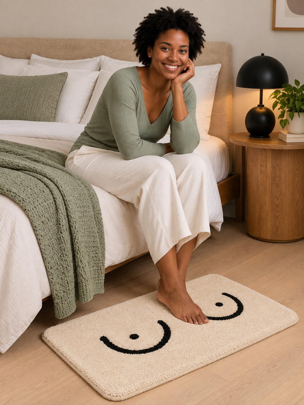 Minimal Curves Line-Art Bath Mat beside a bed