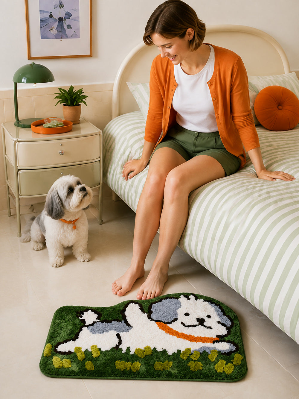 Clover Meadow Pup Shaped Bath Mat beside a bed