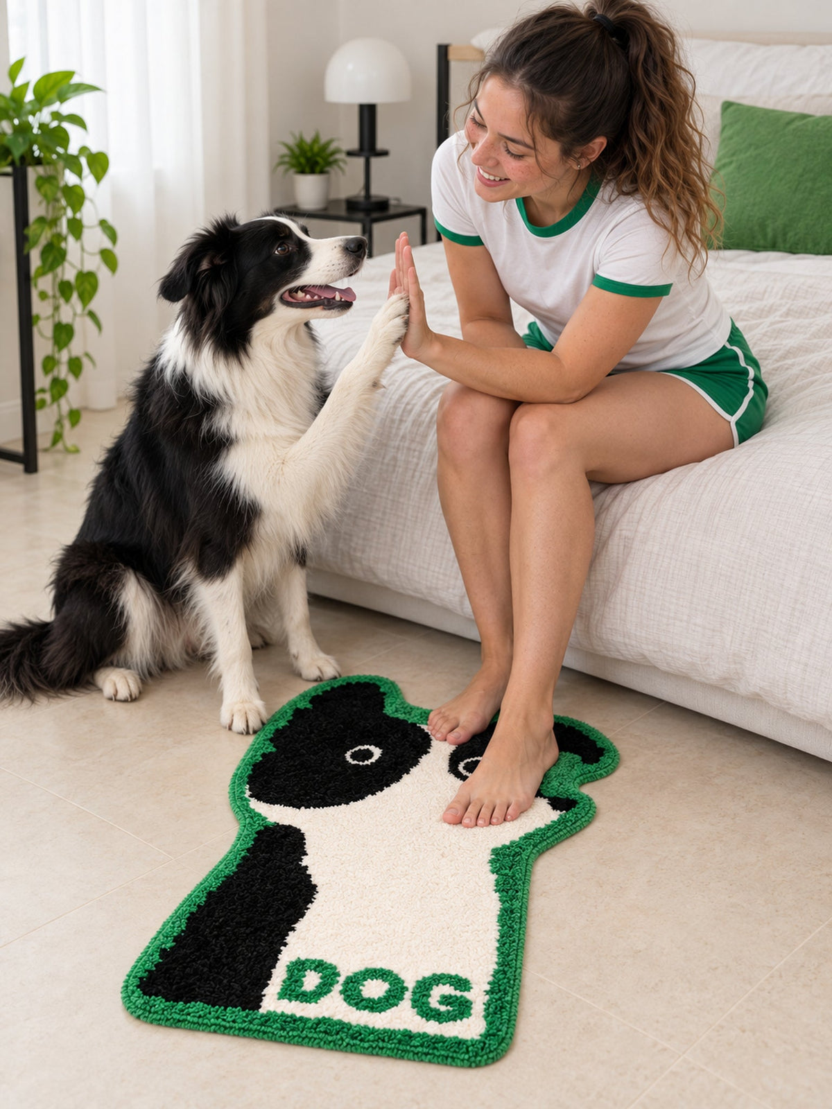 Black & White Puppy Shaped Bath Mat beside a bed