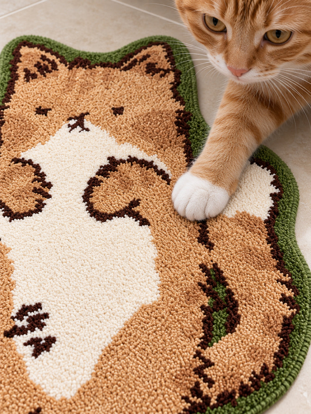 Close-up of the soft microfiber surface of Cozy Tabby Cat Shaped Bath Mat