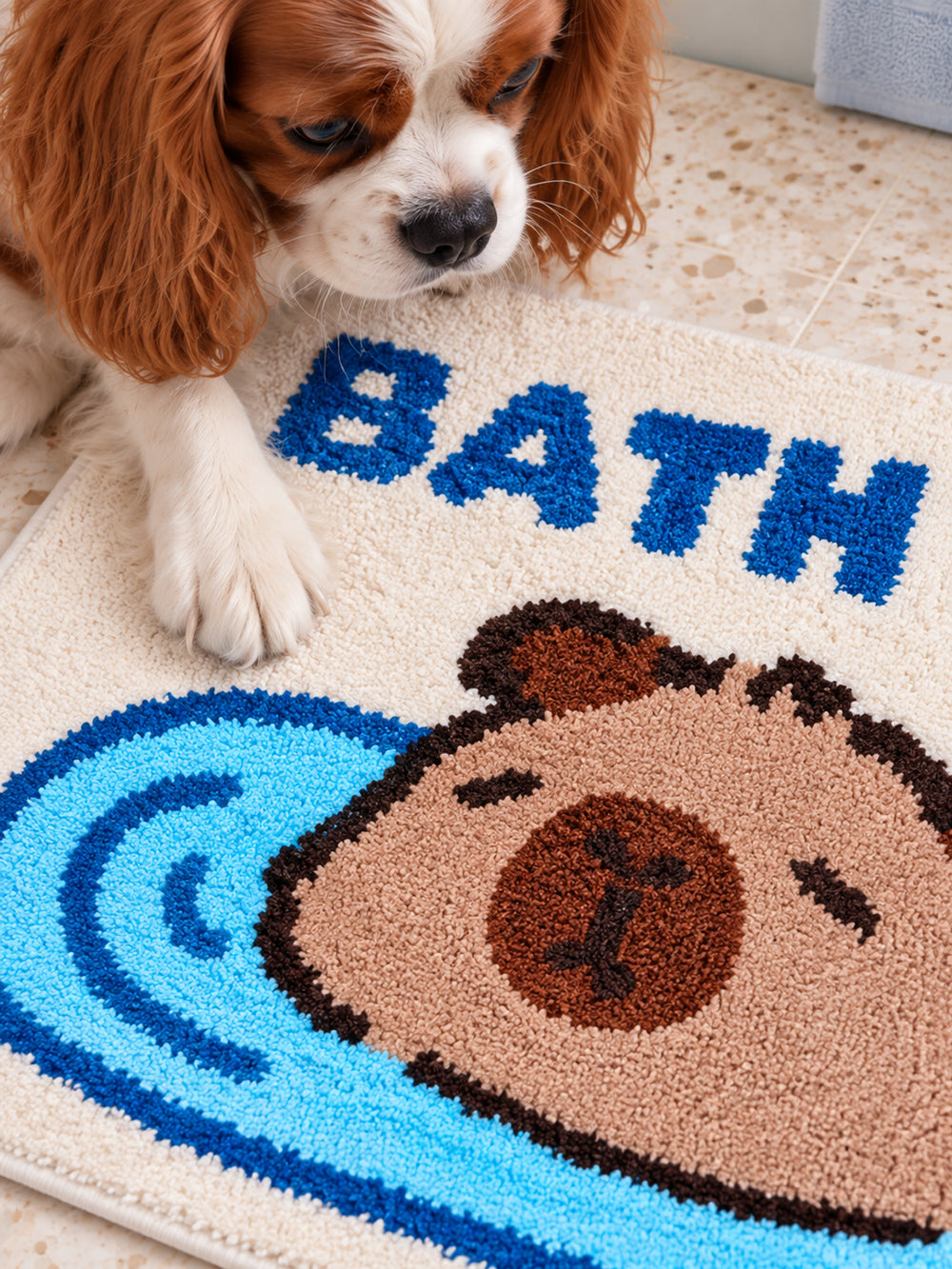 Close-up of the soft microfiber surface of Capybara Bath Time Graphic Bath Mat