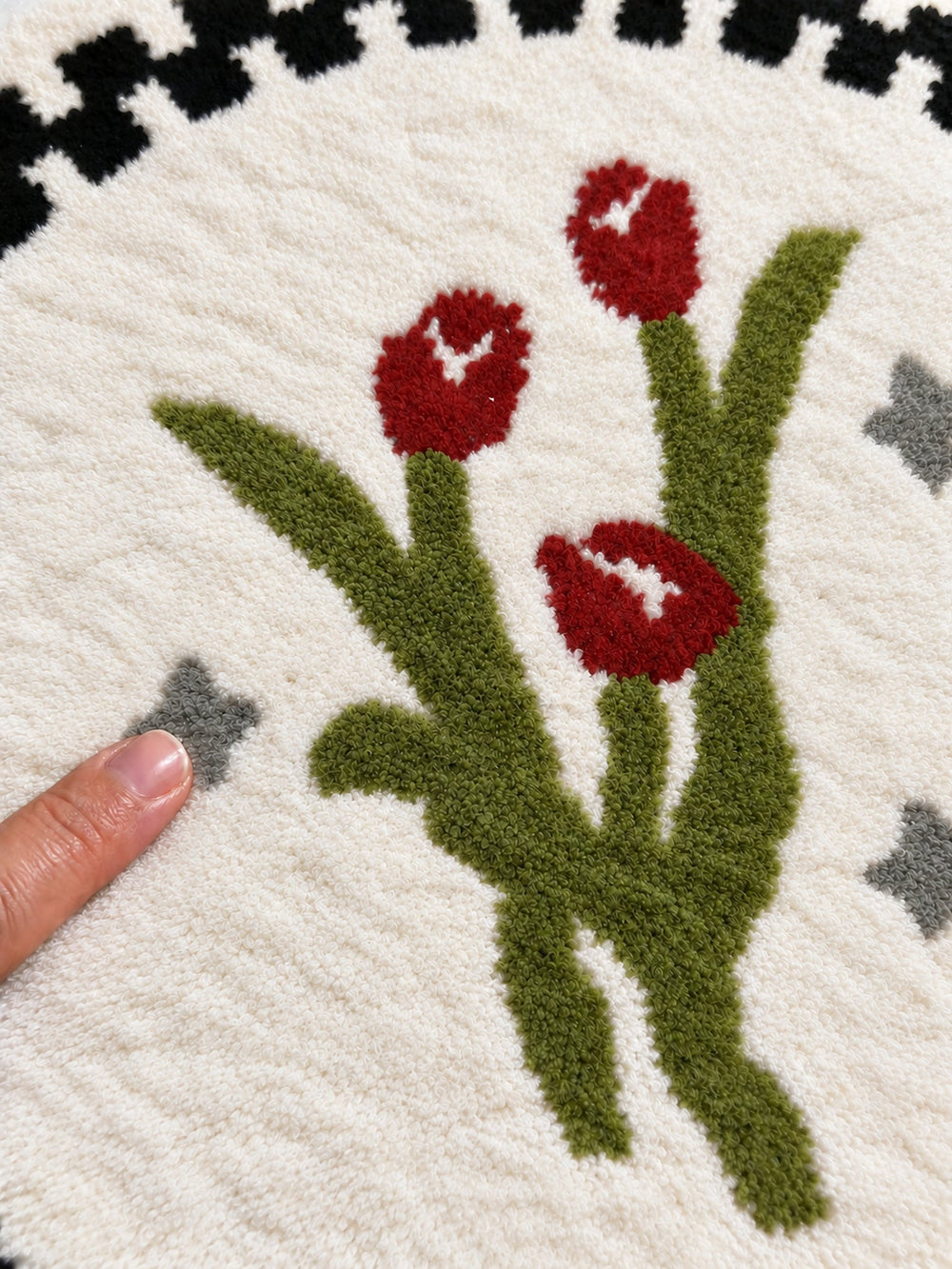 Close-up of the soft microfiber surface of Heritage Tulip Round Bath Mat