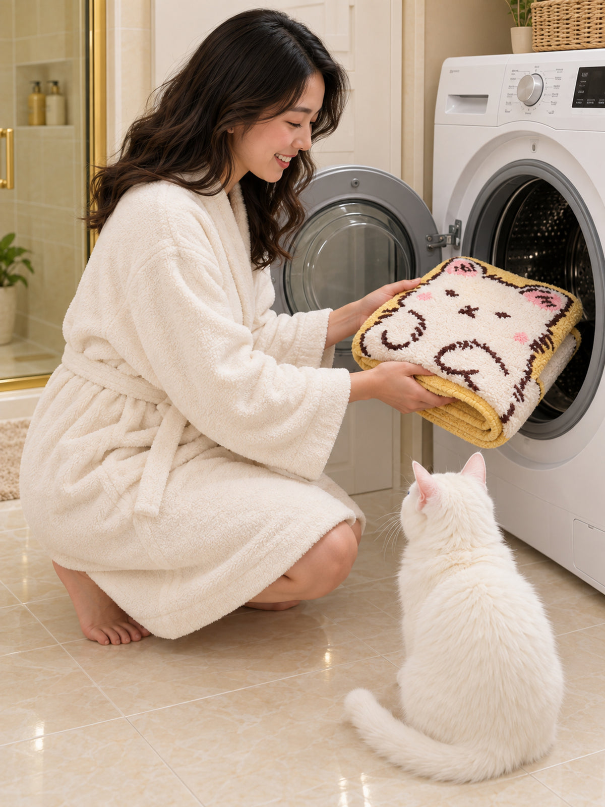 Long Cat Shaped Bath Mat - Ivory being machine washed
