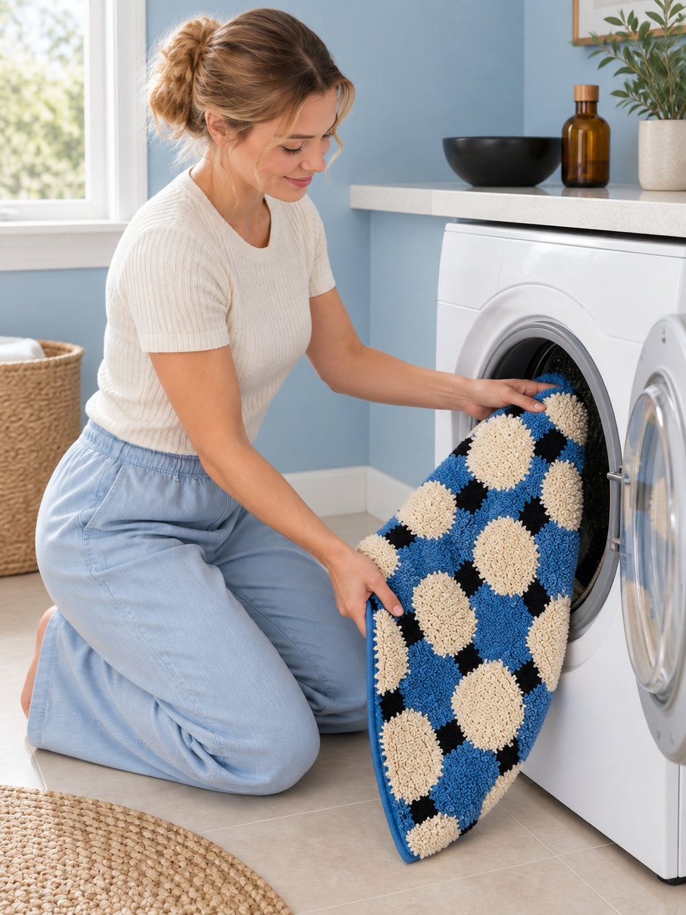 Coastal Blue Basketweave Pattern Bath Mat being machine washed