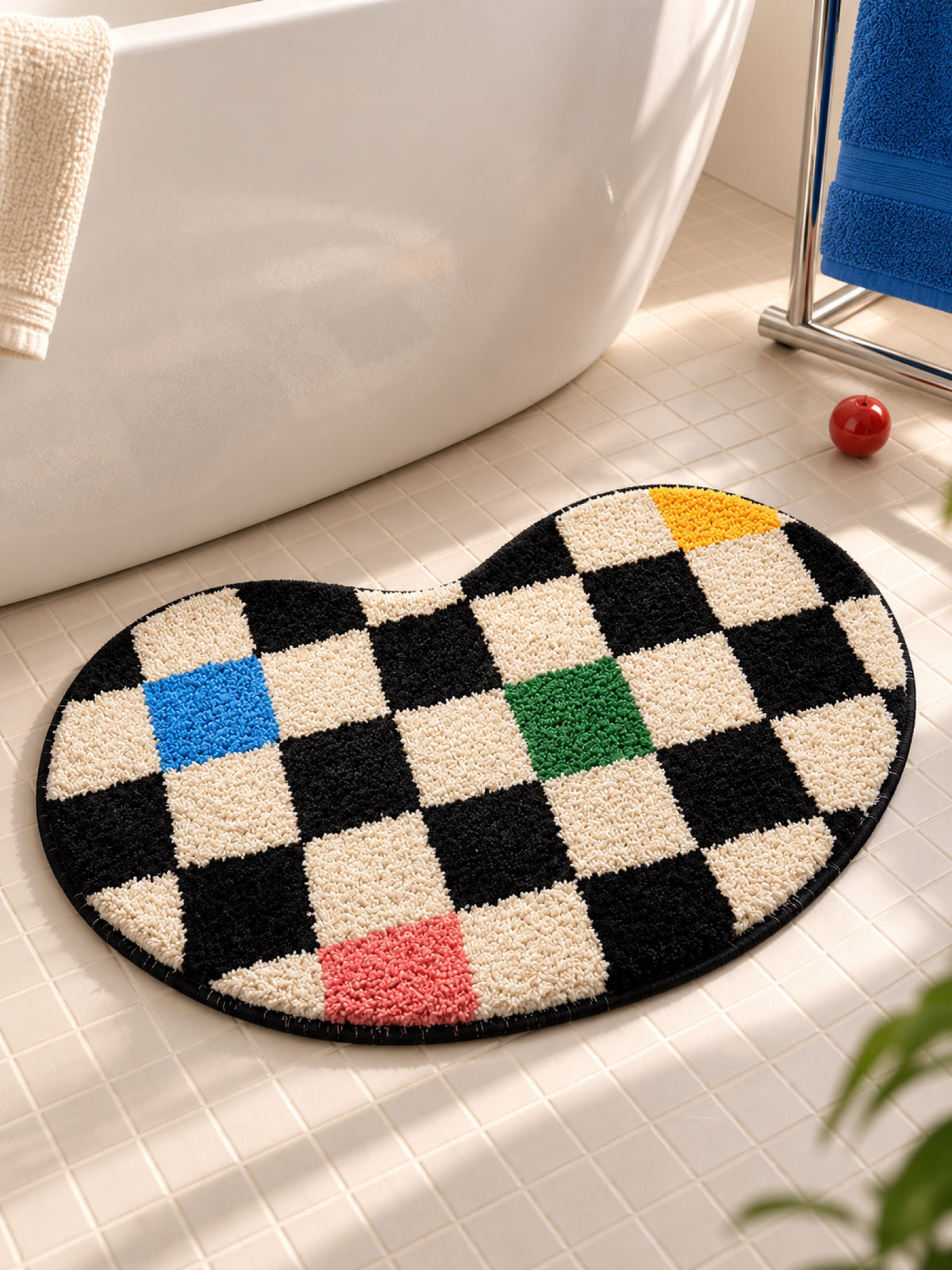 Color Pop Wavy Checkerboard Bath Mat on a bathroom floor, shown from another angle