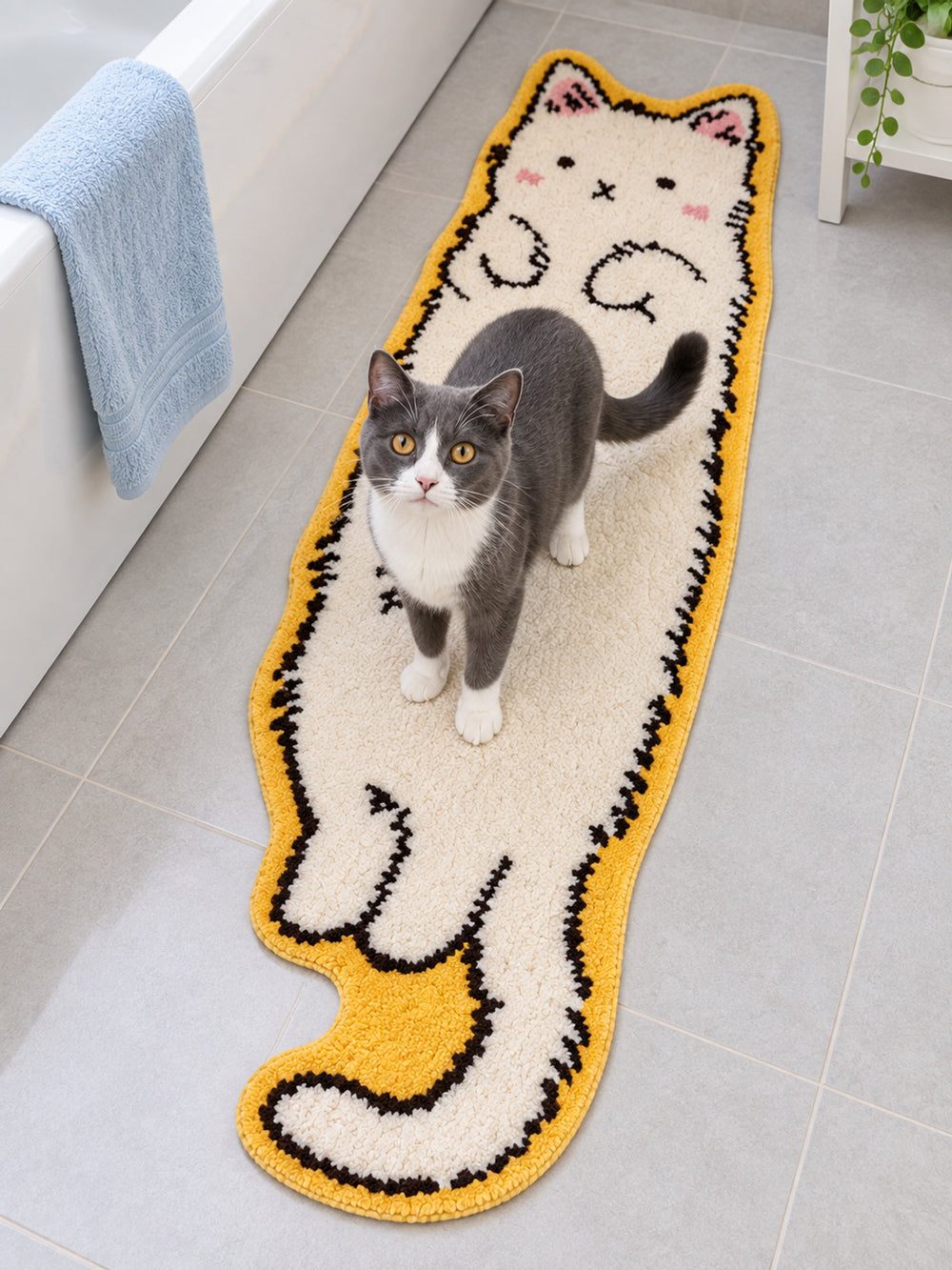 Long Cat Shaped Runner Rug - Ivory on a bathroom floor, shown from another angle