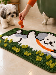 Clover Meadow Pup Shaped Bath Mat on a bathroom floor, shown from another angle