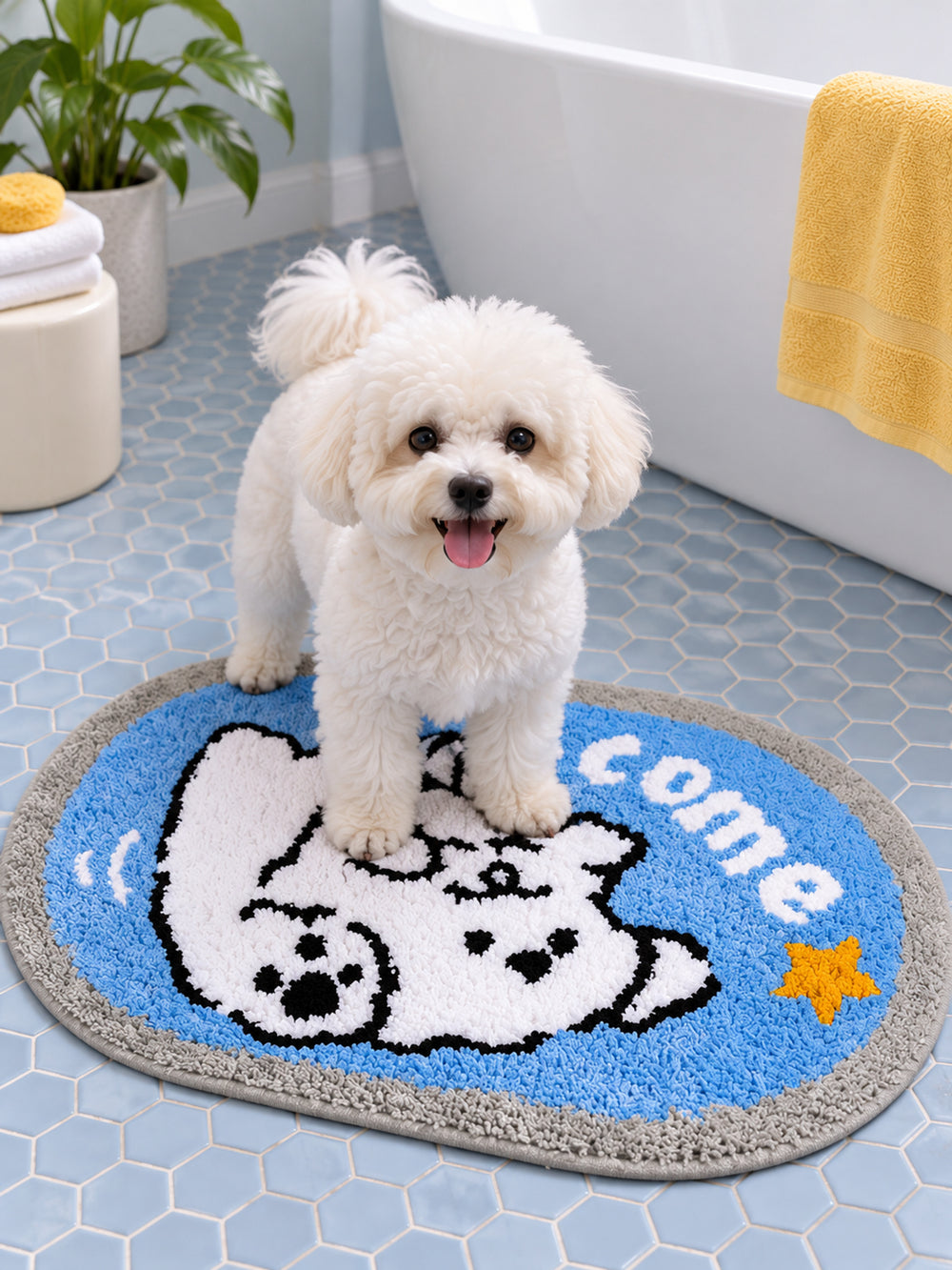 Come Along Puppy Oval Bath Mat on a bathroom floor, shown from another angle