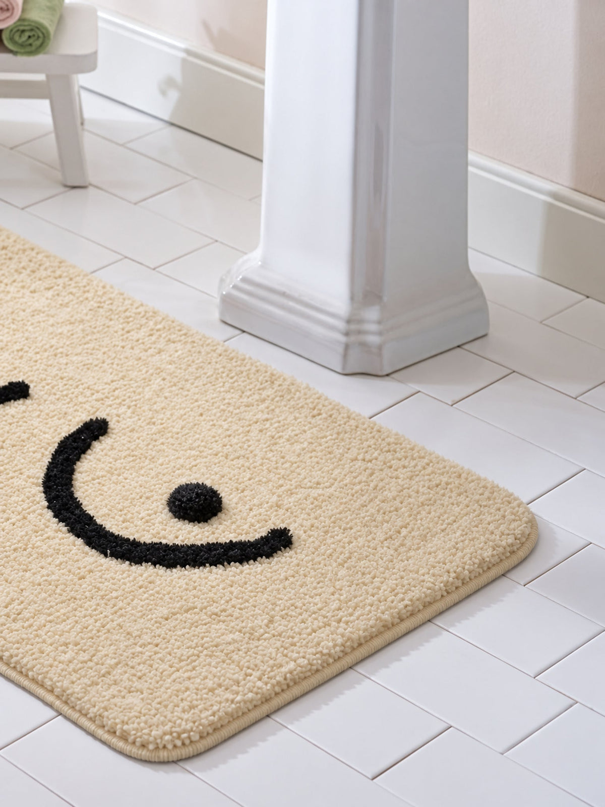 Minimal Curves Line-Art Bath Mat on a bathroom floor, shown from another angle
