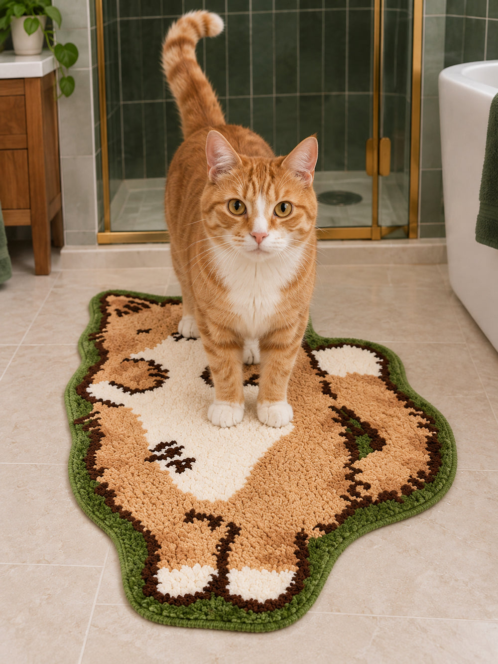Cozy Tabby Cat Shaped Bath Mat on a bathroom floor, shown from another angle
