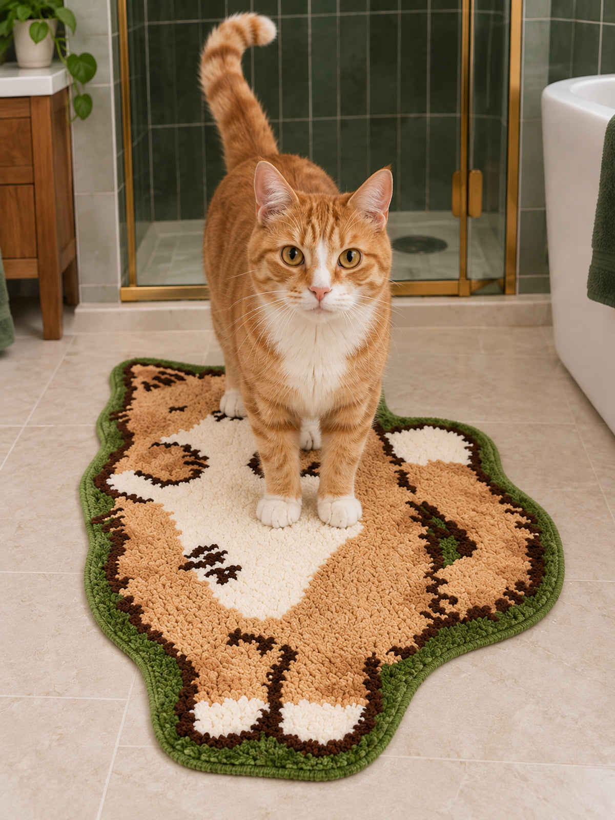 Cozy Tabby Cat Shaped Bath Mat on a bathroom floor, shown from another angle