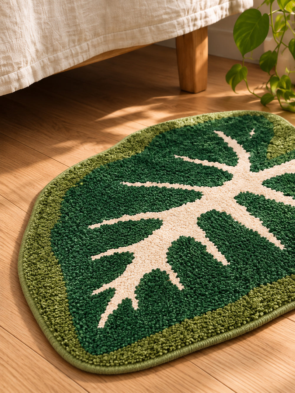 Alocasia Leaf Tropical Green Bath Mat beside a bed, shown from another angle