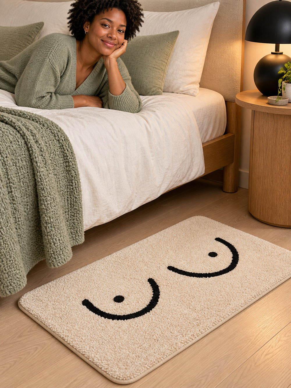Minimal Curves Line-Art Bath Mat beside a bed, shown from another angle