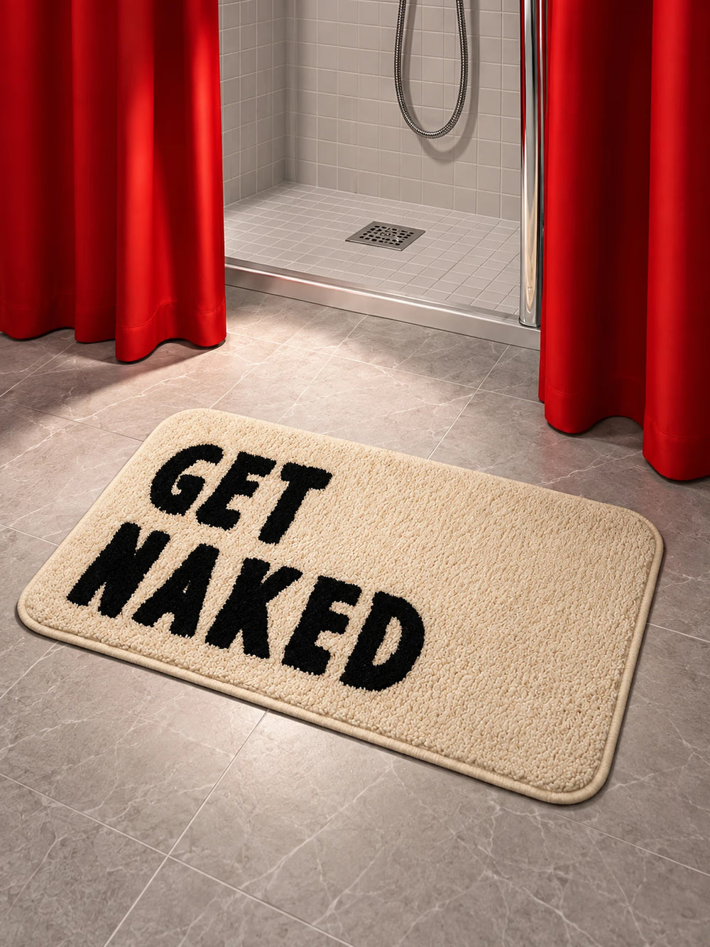 Get Naked Graphic Bath Mat on the floor outside a shower